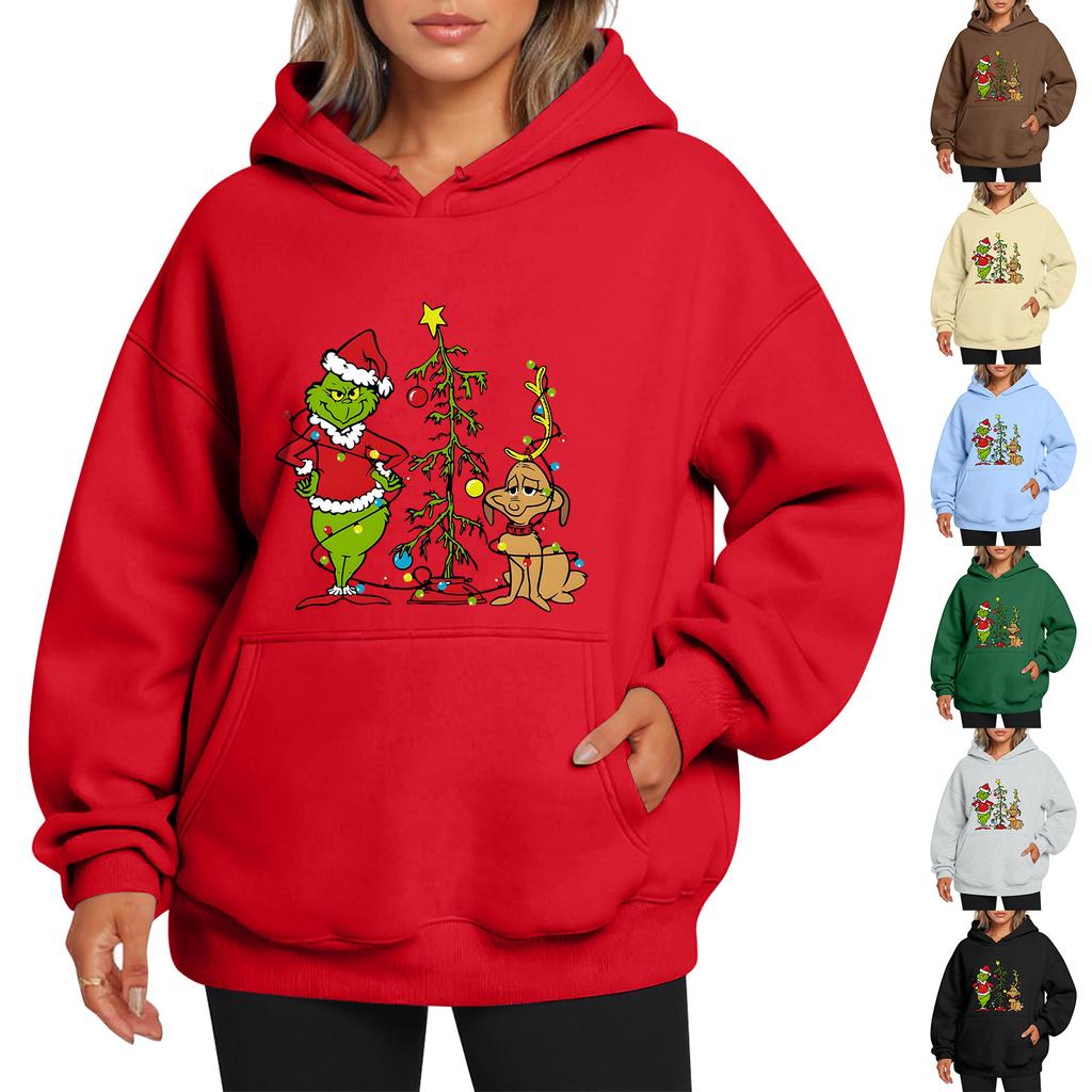 Ladies' Christmas Style Printed Hoodie With Wool And Pockets For Women