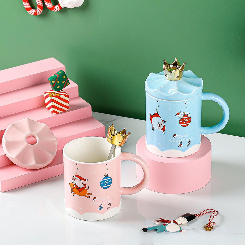 Kreative Cartoon Weihnachtsbecher Keramiktasse mit Deckel Weihnachtsgeschenk Tasse Haushalt Kaffeetasse Wasserbecher