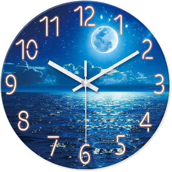 XFM Analog Blue Moon Wall Clock Silent Non Ticking Lake Decorative Wall Clock Battery Operated 12 Inch Glass Wall Clock for Kitchen Living Room