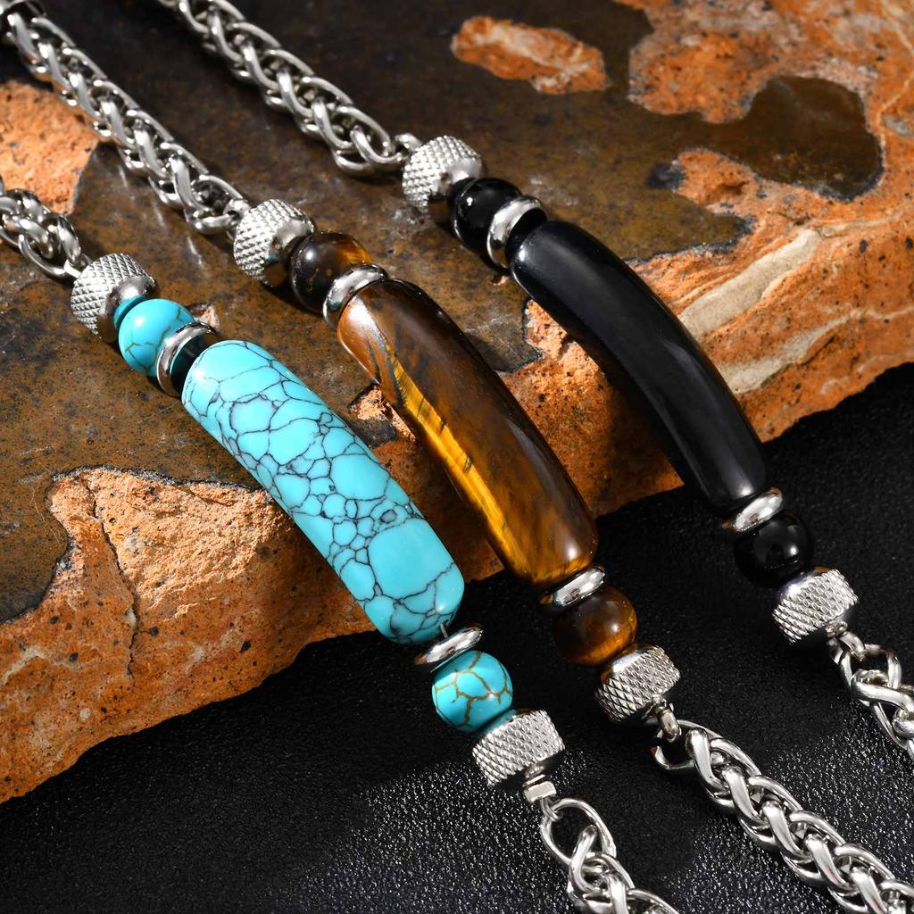 Trendy Natural Tiger Eye Stone Turquoise Bracelet for Men, Stainless Steel Adjustable Wristband, Punk Fashion Jewelry Gift