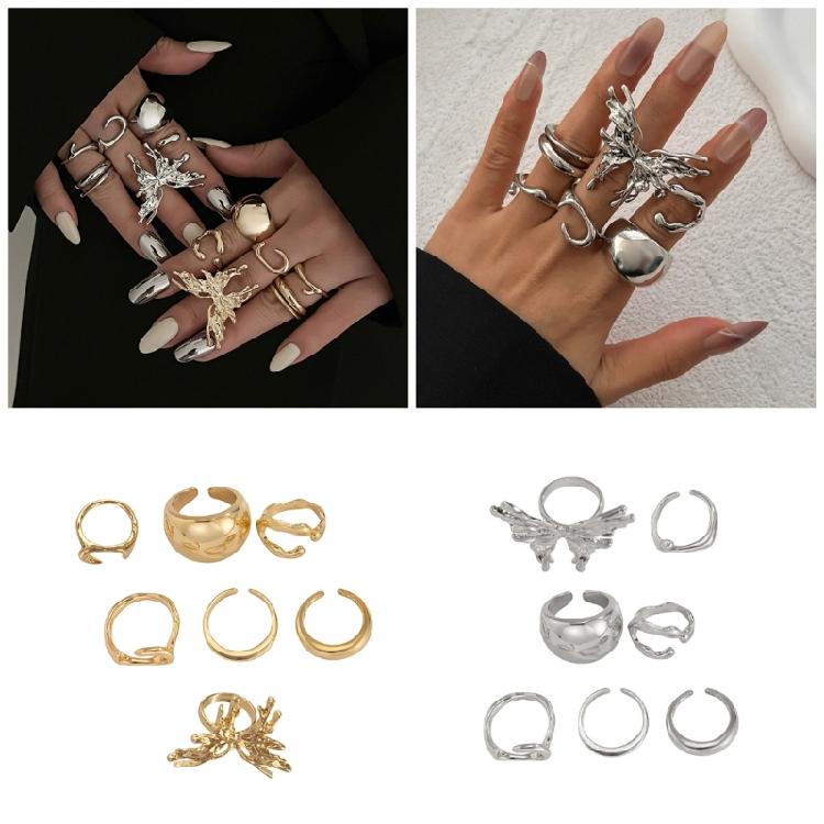 7pcs Fashionable Liquid Lavas Butterfly Rings Set Versatile Elegant Styles Jewelry Decoration for Various Occasions