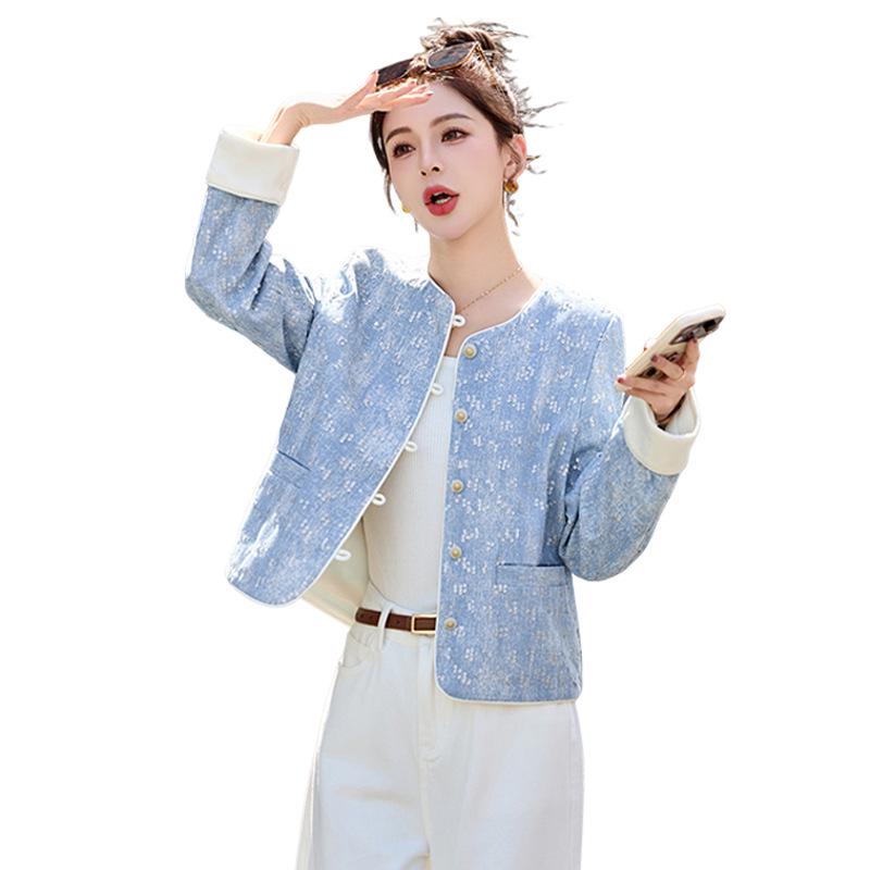 2025 Frühling Damen Retro Pailletten Rundhalsjacke HE5011