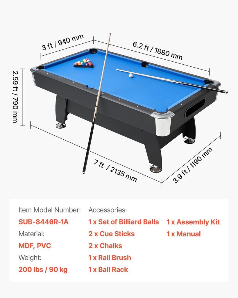 Pool Table, 213cm Portable Billiards Tables, Adjustable Feet Stable Game Table, Entertainment Set Includes Ball, Cue, Rack, Chalk and Brush, Black