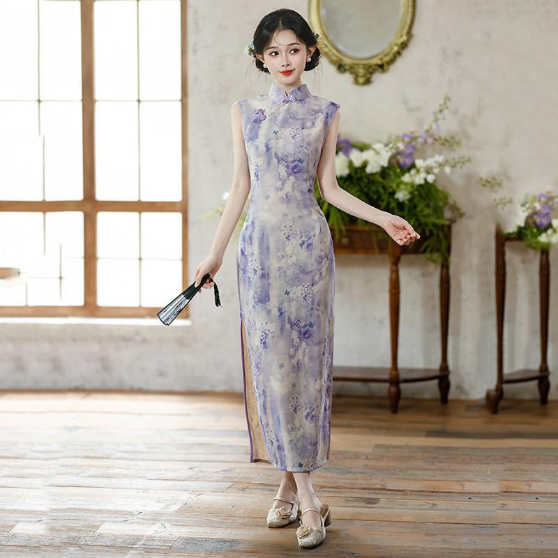 Purple Sleeveless Modern Chinese-Inspired Long Cheongsam Dress Women 2026 Elegant Daily Wear Small