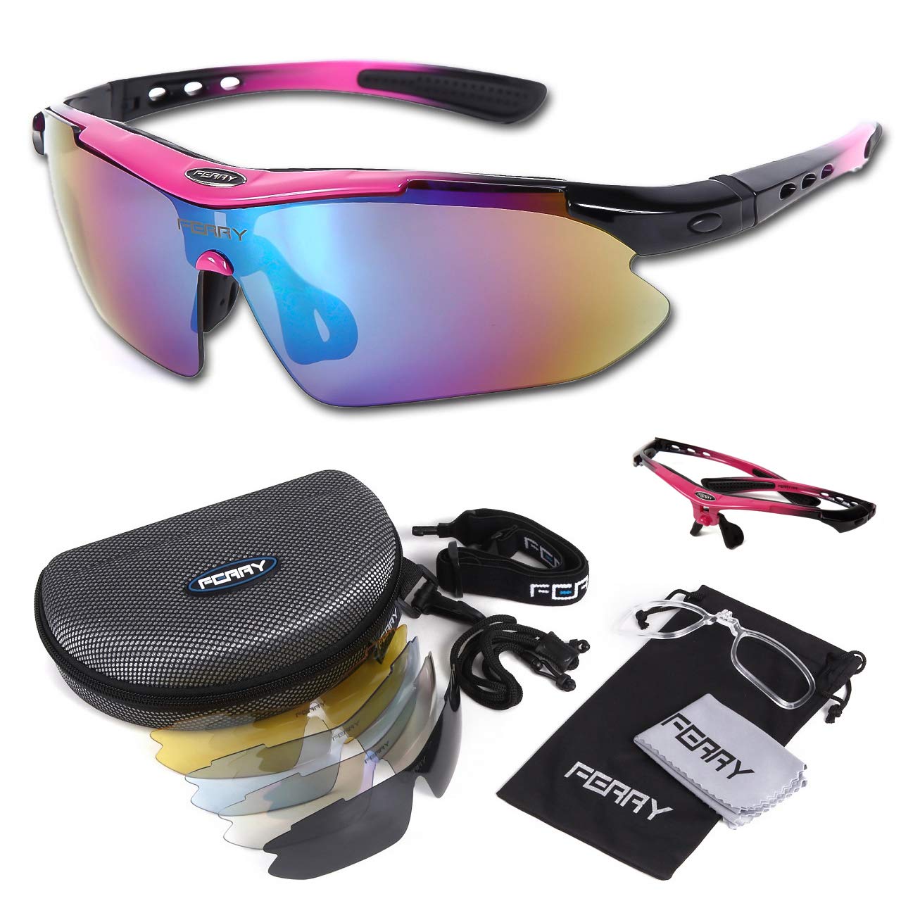 

FERRY Polarized Sports Sunglasses, Full Set of 5 Replacement Lenses, Unisex, Pink/Black