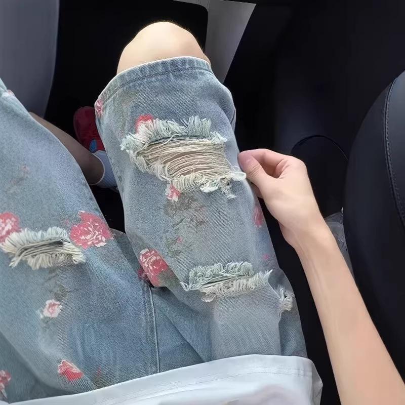 American Retro Rose Ripped Jeans Shorts Men's Summer New Trendy Brand Ruffian Handsome Loose Straight Five-point Pants