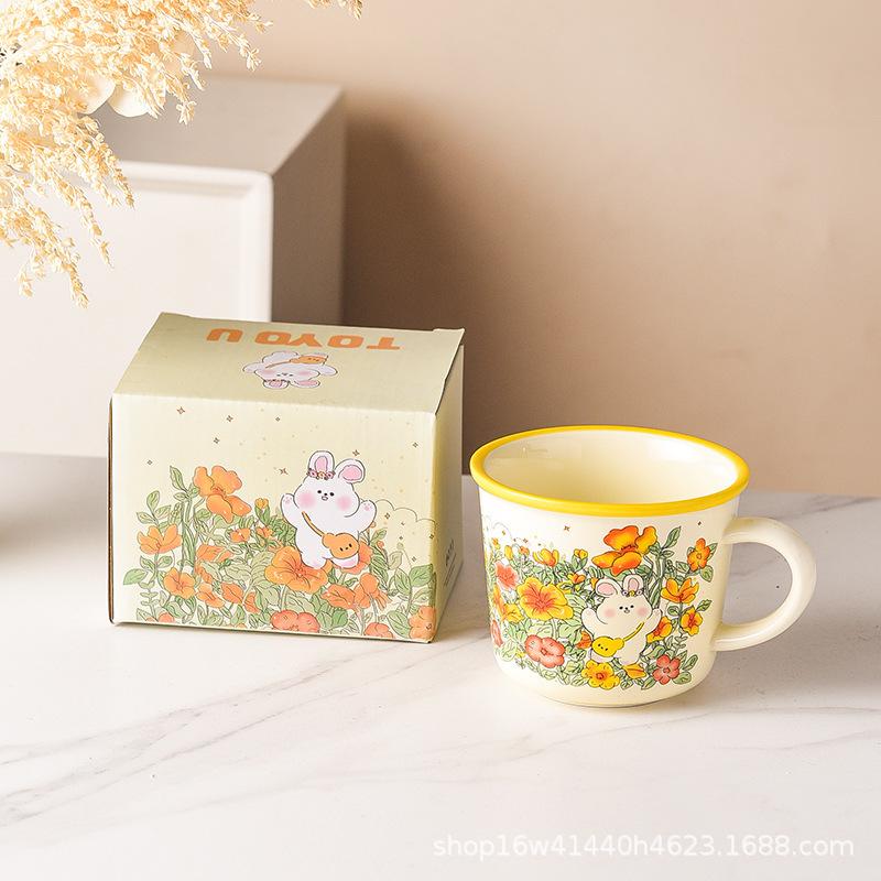 Cute Flower Field Rabbit Ceramic Mug Gift Water Cup Coffee Cup Girls Breakfast Cup Gift Style 340ml