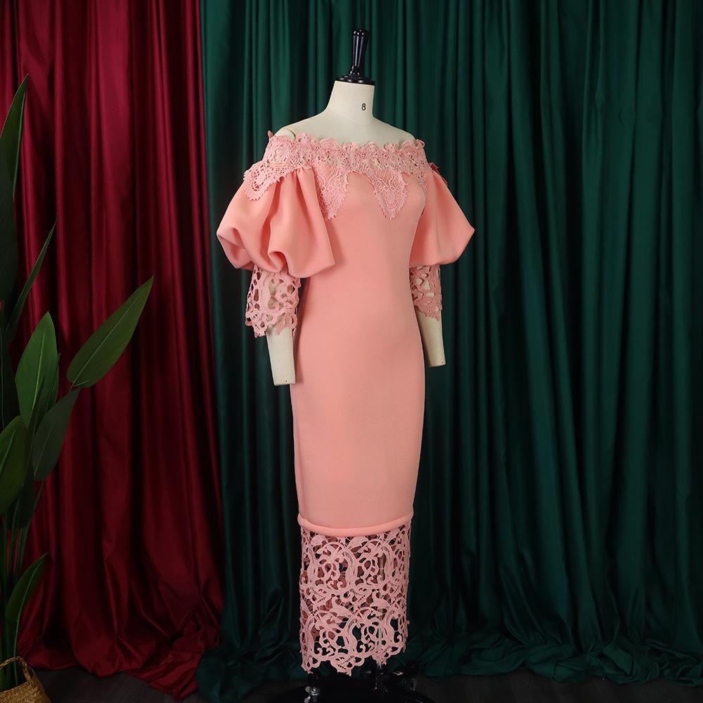 Women's One-Shoulder Lace Banquet Dress with Lantern Sleeves