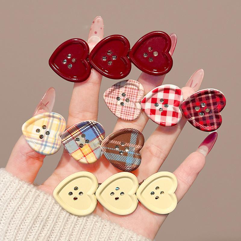 Sweet Check Love Button Hair Clip Side Bangs Girly Cute Duckbill Clip Hair Accessories