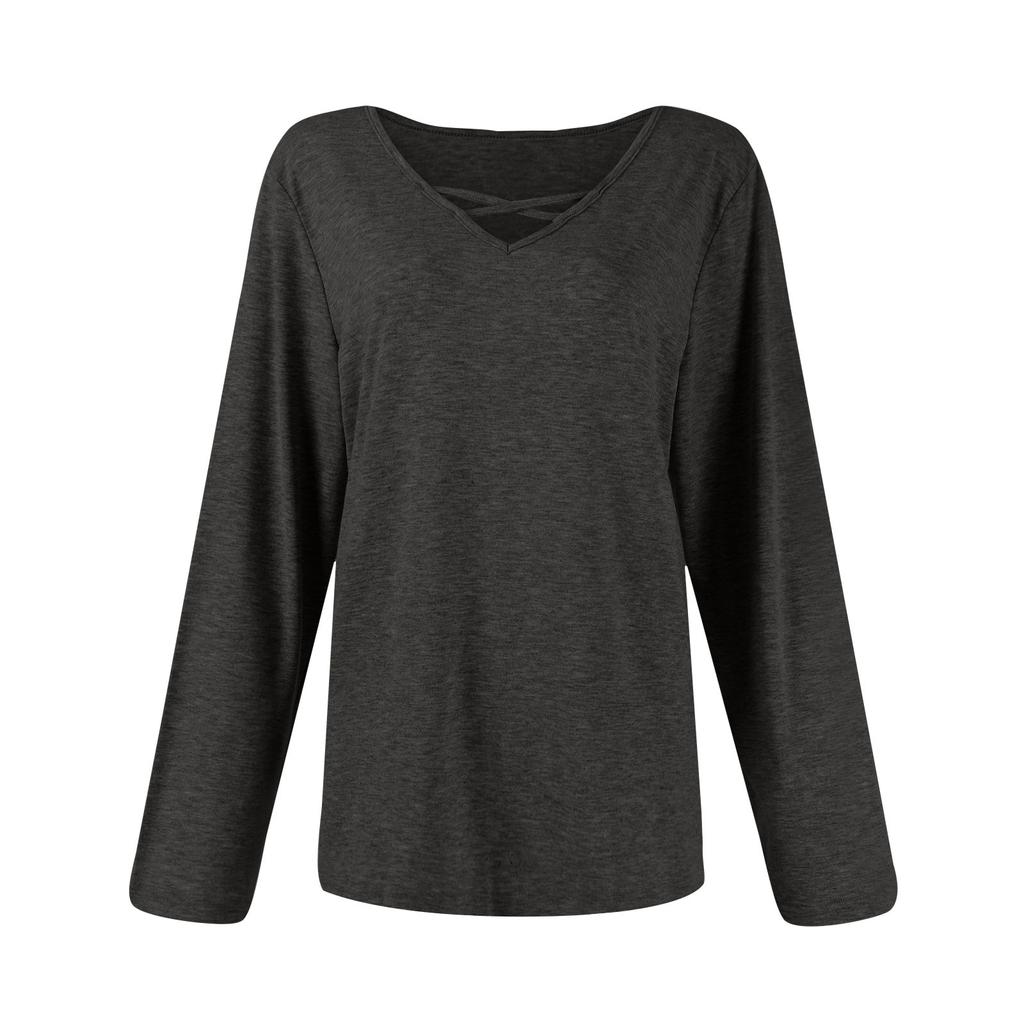 Women's V-neck Solid Color Casual Loose Long Sleeve T-shirt Top