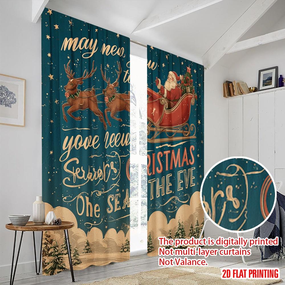 2pcs,2D Plane Printing Popular Curtain Panels Santa Sleigh & Snowflakes Polyester Fabric (without Rod) Holiday for Bedroom,