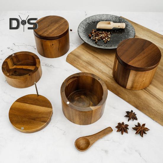 2-Layer Salt And Pepper Bowl with Spoon Magnetic Swivel Lid Dustproof Seasoning Box Rotatable Design Kitchen Helper for Serving