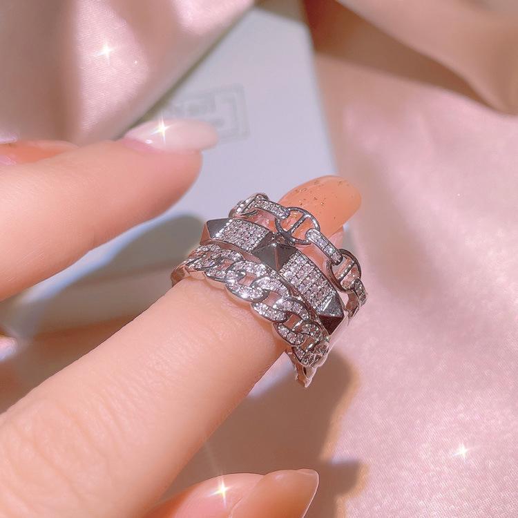 Combination Pattern Exquisite Geometric Chain Ring Three-Layer Micro-Inlaid Zircon Tide Cool Women'S Ring Exquisite Jewelry