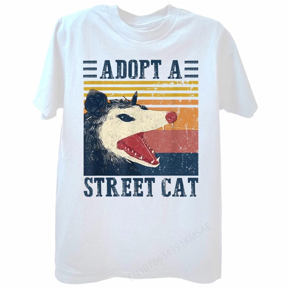 Adopt A Street Cat Funny Opossum Vintage T Shirts Summer Graphic Cotton Streetwear Short Sleeve