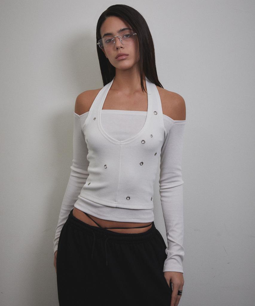 Bunteu Eyelet Halter Long Sleeve (Ivory)