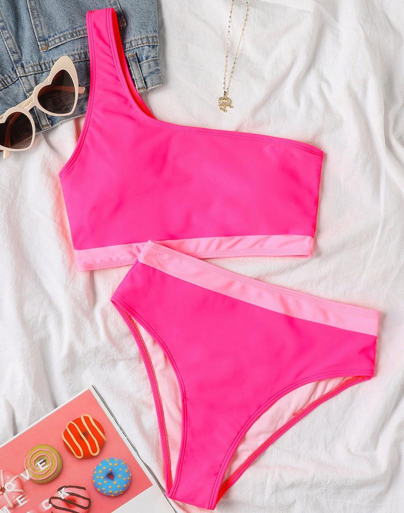 Dámské plavky Colorblock na jedno rameno sexy bikini s vysokým pasem na zádech, plavky na pláž