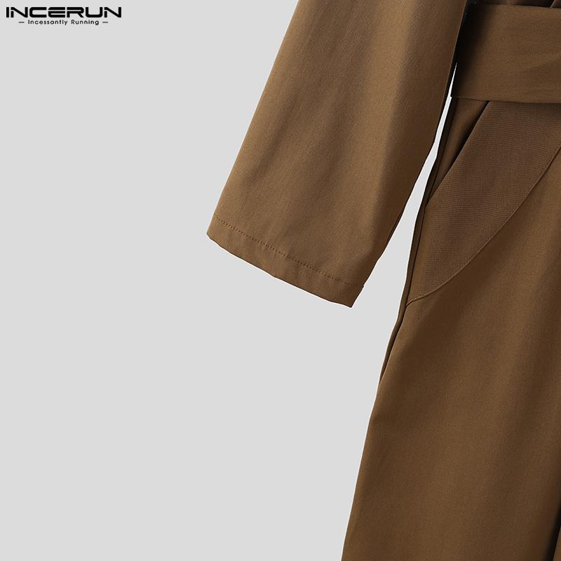 INCERUN Autumn Men Lapel Neck Long Sleeve Belt Waist Jumpsuits Casual Long Rompers