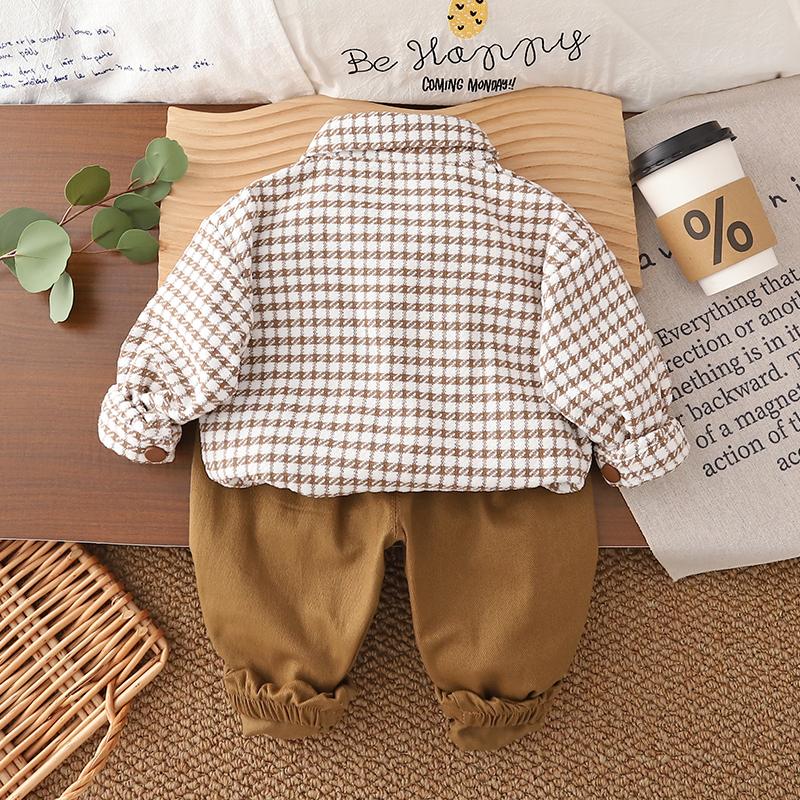 Boys' long sleeved three piece set - Autumn and winter checkered shirt jacket - White top - Casual pants set - high-quality clothes