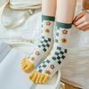 Stripe Grid Five Finger Tube Socks Flower Toe Separator Socks Fashion Toe Mid-calf Socks  Daily