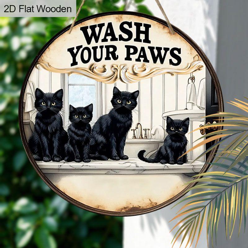2D Flat Hanging Decorative Signs, Interior Wall or Door Decoration, Garden Decoration, the Pattern Is Four Black Cats, a Housewarming Gift for Friends