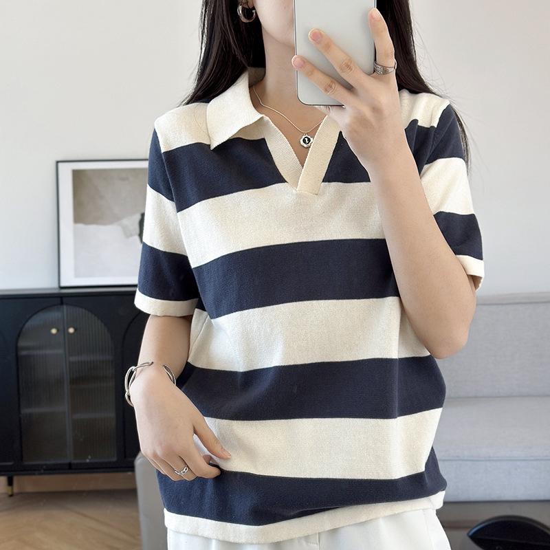 Summer Women's Cotton Knit Short Sleeve Polo Collar Striped Top