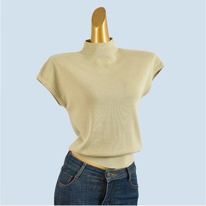 Fleece Blended Spring and Autumn New Elegant Half-high Collar Versatile Short Sleeve Knit T-shirt Women Inner Wear Slimming Base Top
