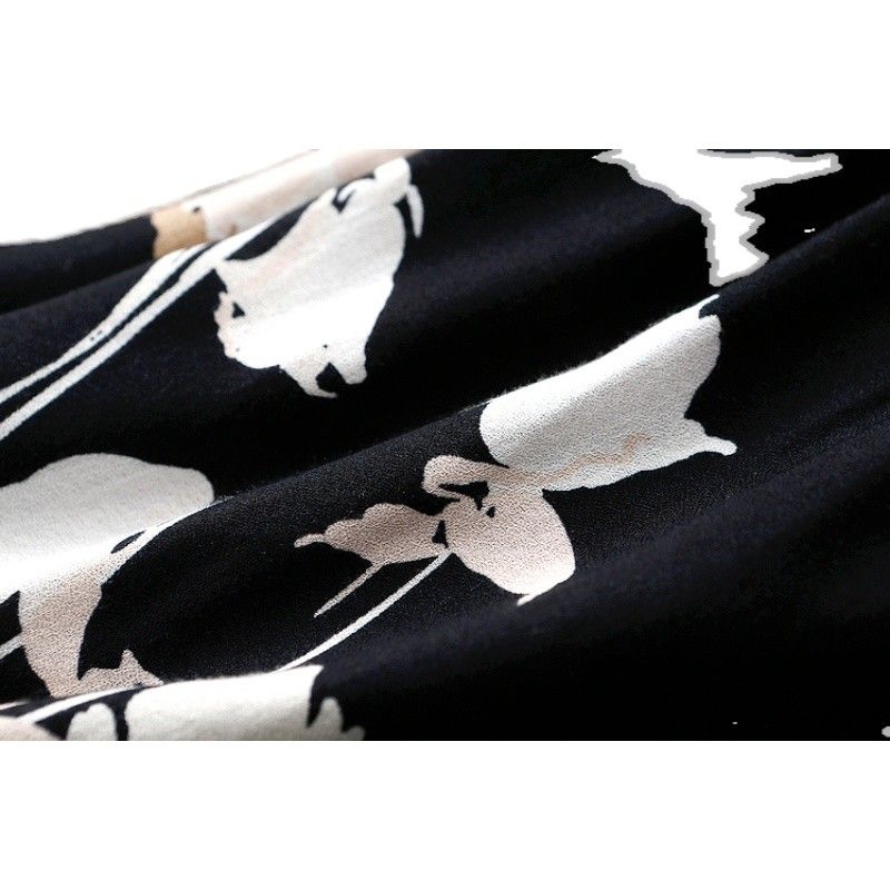 Foreign Trade Original Order Export Noil Poplin Dress Elegant V-neck Waist-Controlled Slimming Print Artificial Cotton Skirt Summer Women's Clothing