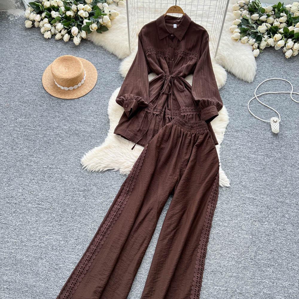 

Wine Red French Retro Ensemble: Slim Cross-Lantern Sleeve Shirt & Elastic Waist Wide-Leg Pants One Size кавовий