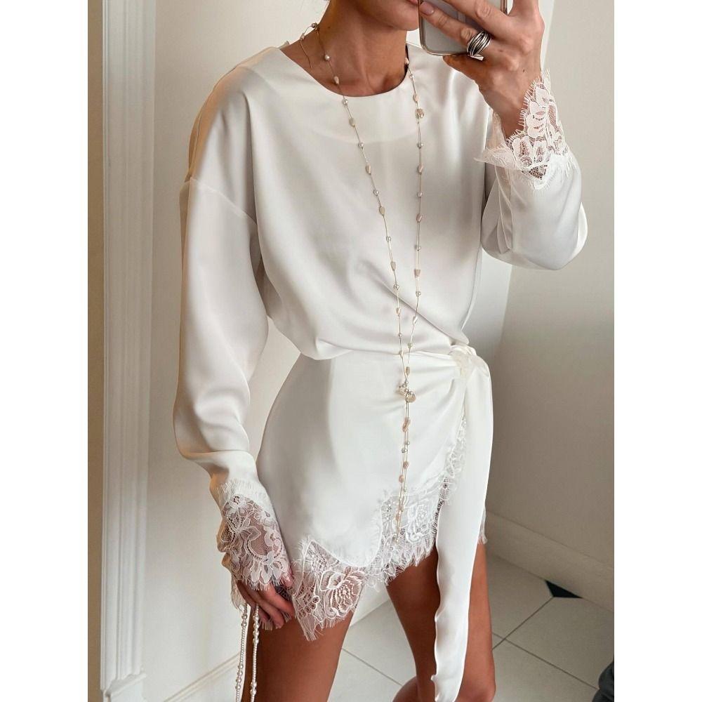 Lace Trim Long Sleeve T-shirt O-Neck Tunic Tops Fashion Beach Robe  Summer Wear