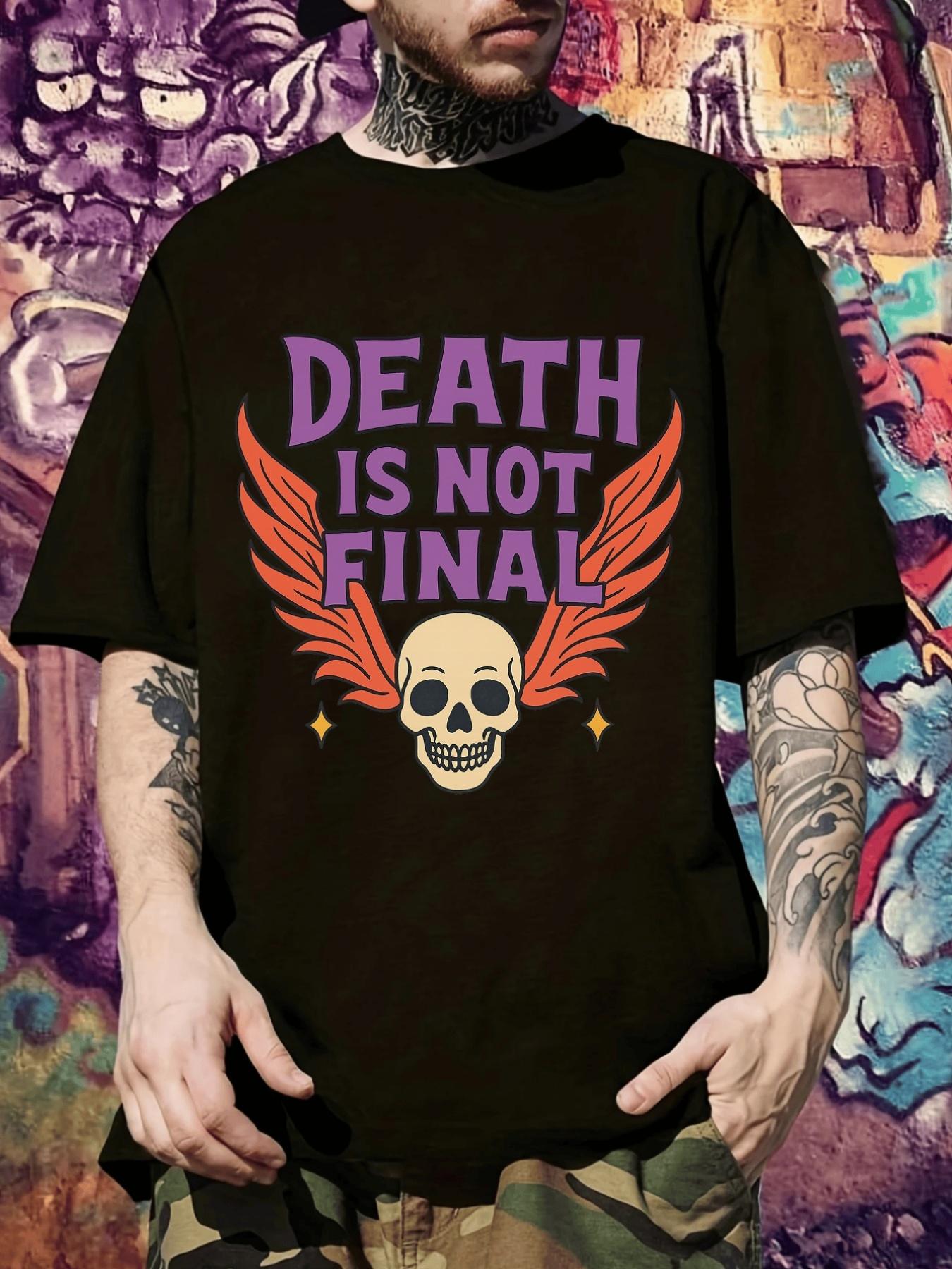 Gothic Death Graphic T-shirt - DEATH IS NOT FINAL Slogan Tee in Black with Purple Lettering - Edgy Top for Concerts M