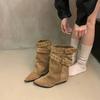 Soft Leather Version Mermaid Western Cowboy Boots Retro Style Rivet Pointed Toe Thick Heel Knight Boots Mid-Calf Pant Leg Boots