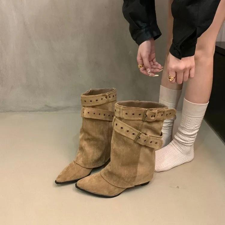 

Soft Leather Version Mermaid Western Cowboy Boots Retro Style Rivet Pointed Toe Thick Heel Knight Boots Mid-Calf Pant Leg Boots 35