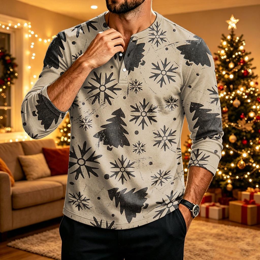 Men's Long Sleeve Christmas Print Shirt for Holiday Party Casual Daily Wear
