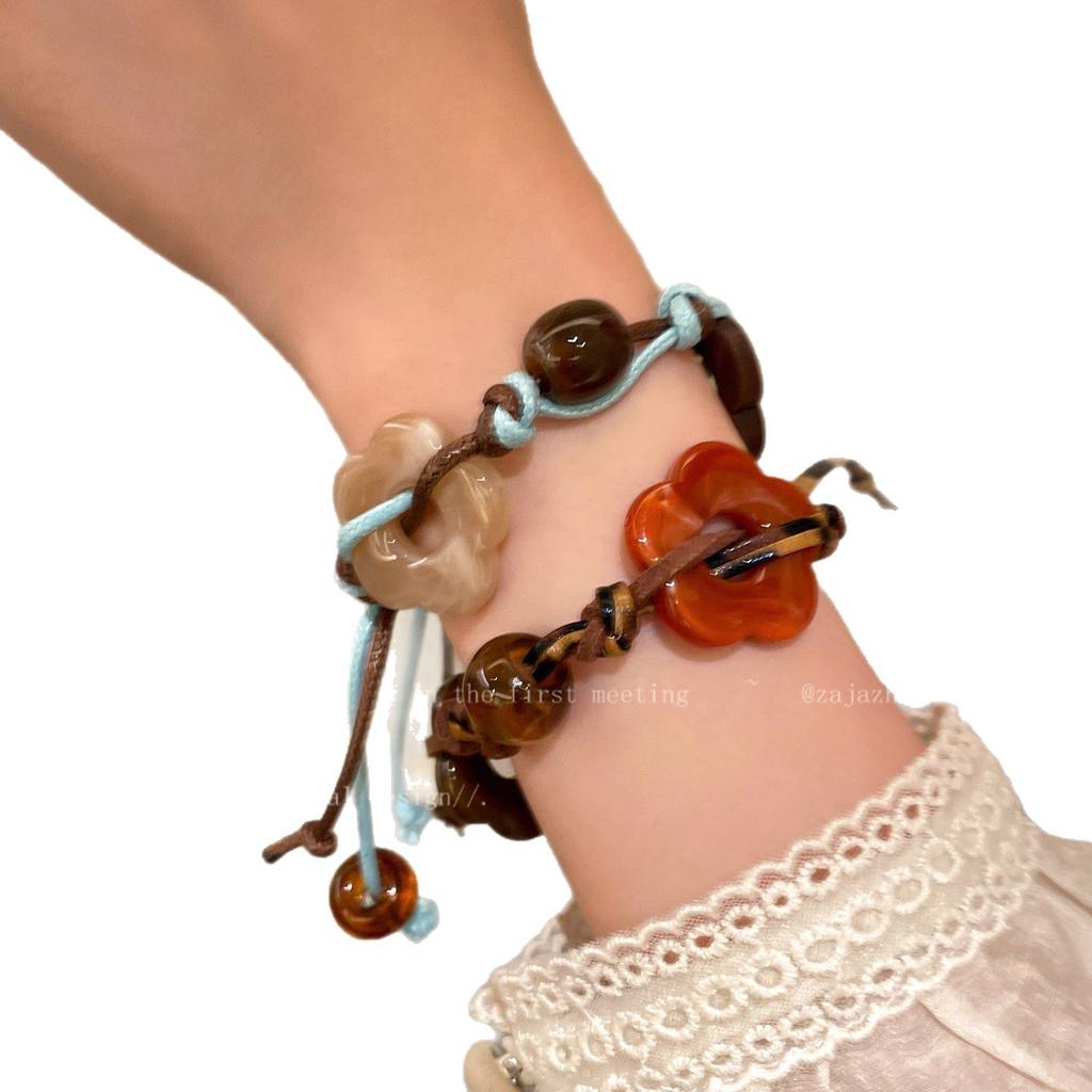 New Chinese Retro Flower Woven Rope Bracelet Women'S Niche Fashion Design High-End Sense Versatile Jewelry Accessories