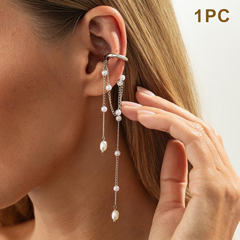 1/2Pcs Long Tassel Chain Ear Cuff Ear Clip Without Hole C Shape Earring For Women Cartilage Pearl Chain Clip Earrings Jewelry