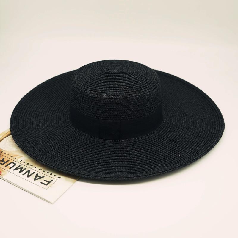 Black Big Brim Flat Top Top Hat Women'S Summer Shade Holiday Beach Sun Straw Hat French Vintage Foreign Trade Seaside