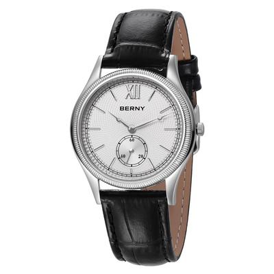 BERNY Waterproof Analog Quartz Watch with Roman Stainless Steel Case and Genuine Leather Strap Men's Numerals,