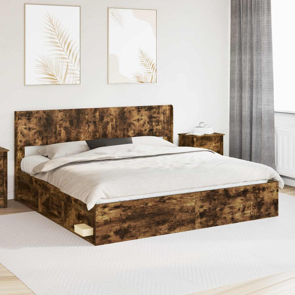 Bed Frame with Storage Space and Headboard Smoked Oak