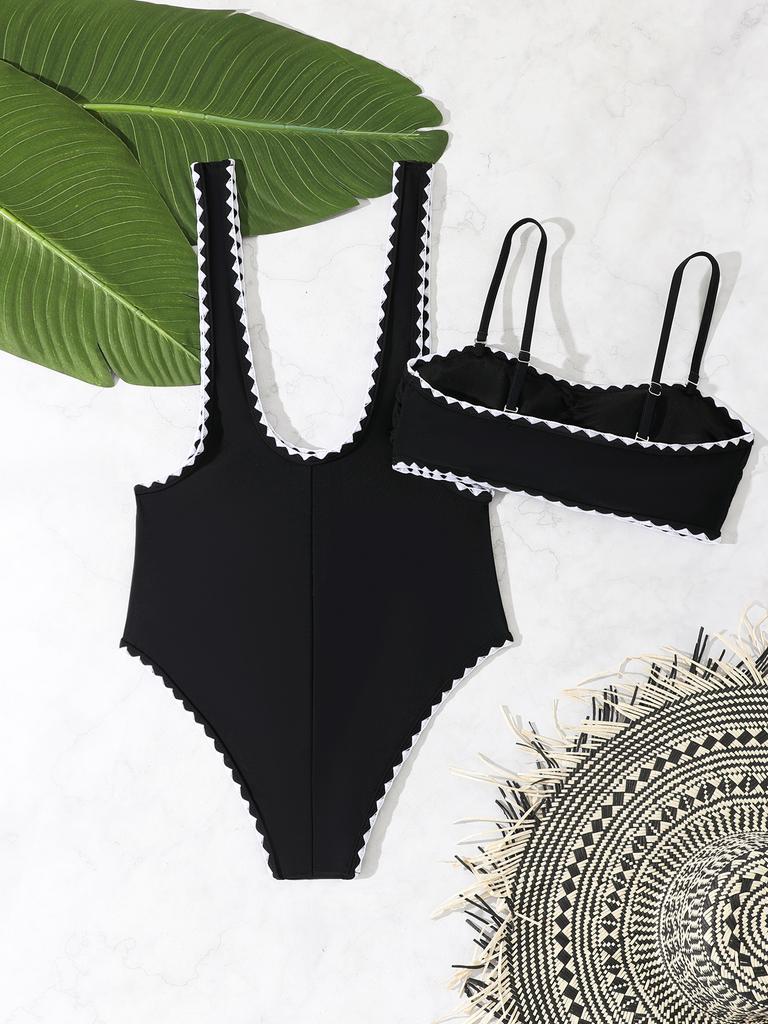 Fashion Black Two Piece Triangle Bikini Set Sexy Backless Swimsuit For Beach Vacation
