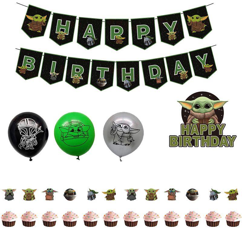Whimsical Baby Yoda Star Wars Kids Birthday Party Decor Featuring Colorful Cake Toppers And Balloons