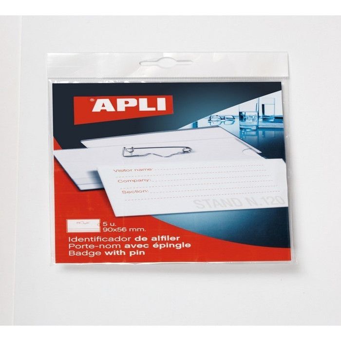 Pochette De 5 Badges - APLI - 90 X 56 Mm - Avec Pince Combi - Sans Bristol