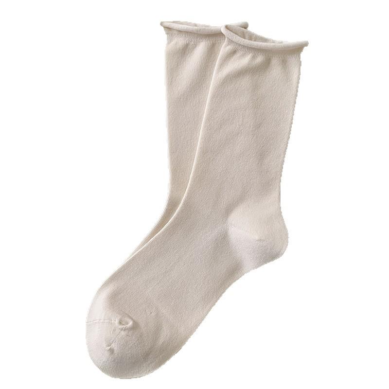 Solid Color Women’s Cotton Mid-Calf Socks - Japanese Rolled Edge for Spring & Autumn, Ruched Style, Versatile.