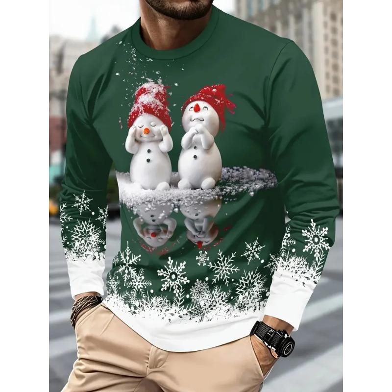 3D Printed Snowman Graphic Long Sleeve T-Shirts Fashion Santa Clause Pattern O-Neck Pullover Men's Christmas Elements Casual Tops