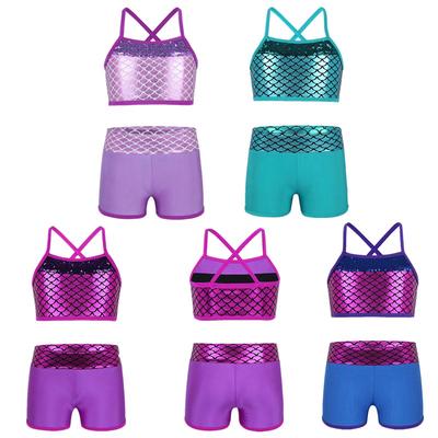 Camiseta sin mangas de sirena con lentejuelas para niñas y pantalones cortos, traje de baile, traje de baño para gimnasia
