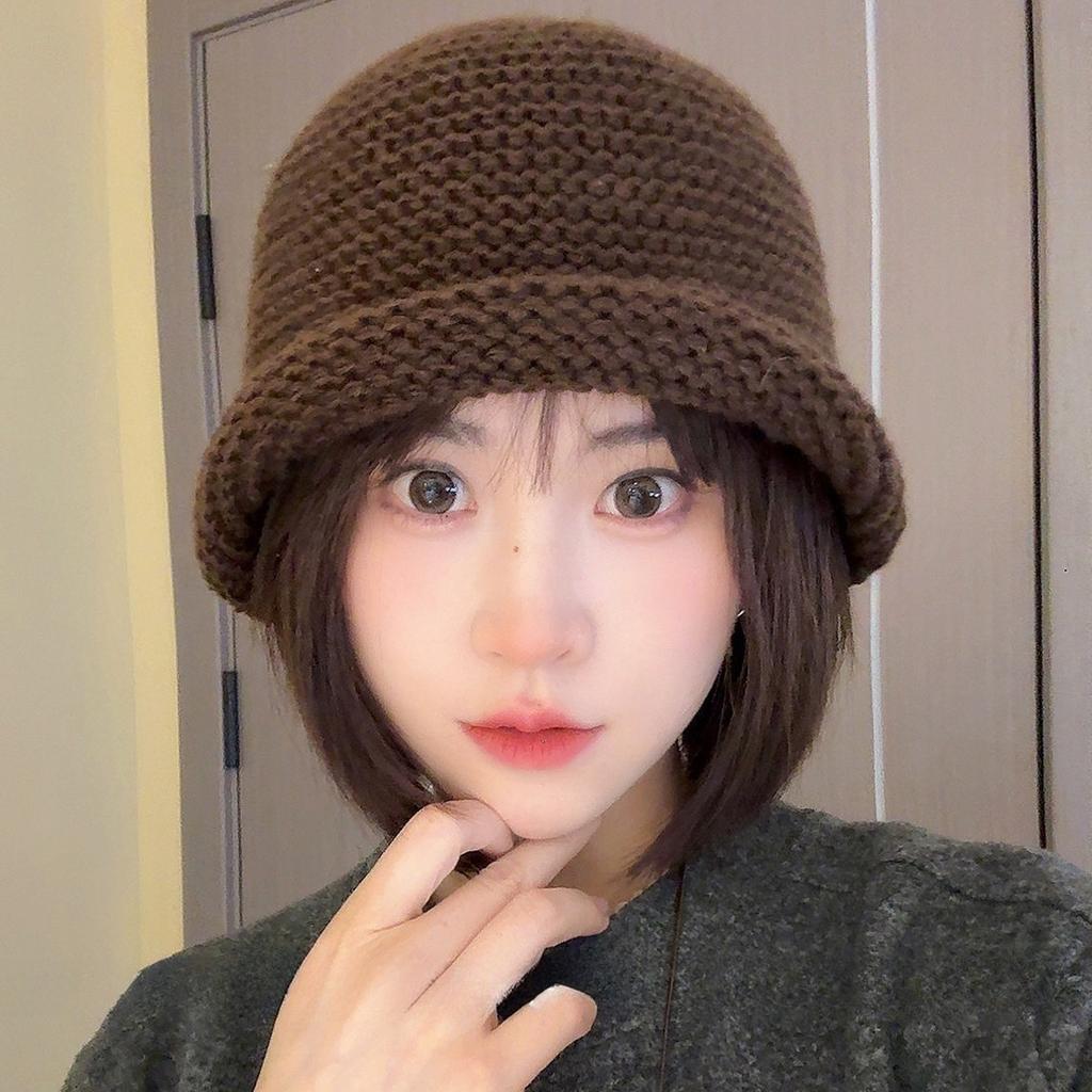 Thick Knitted Curled Edge Fisherman Hat Women's Autumn and Winter Wool Blend Plain Woolen Hat Warm Ear Protection Cold Hat