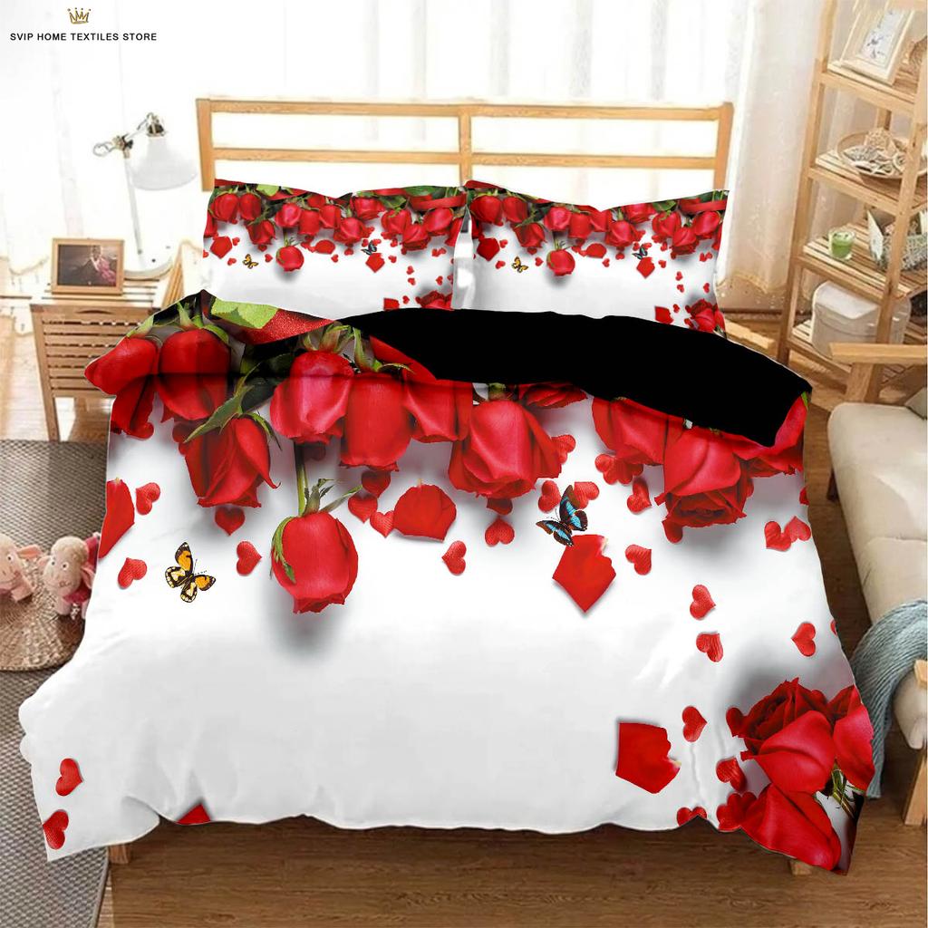 Set de lenjerie de pat cu husă de pilotă cu imprimeu retro roșu trandafir inimă de Ziua Îndrăgostiților, textile, husă de pilotă, față de pernă, lavabil la mașină, 3 piese