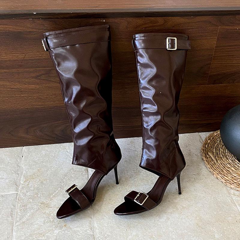 Fashion Female Open Toe Footwear Round Toe Women Knee High Boots Shoes With Thin Heels Fashion Buckle Ladies Heeled Sandals Boots Shoes