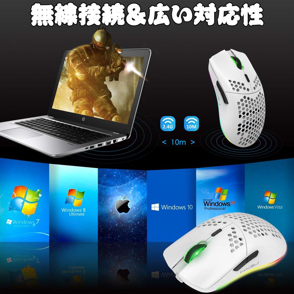 Wireless Gaming Mouse, Lightweight, Honeycomb Design, Optical, RGB Backlight, 6 Buttons, 4-Level DPI Adjustment, Rechargeable 750mAh 2.4GHz Battery,