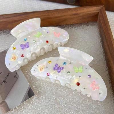 1pc Elegant Acrylic Hair Claw with Rhinestone Butterfly - Grip Tightly, Suitable for Thick and Curly Hair