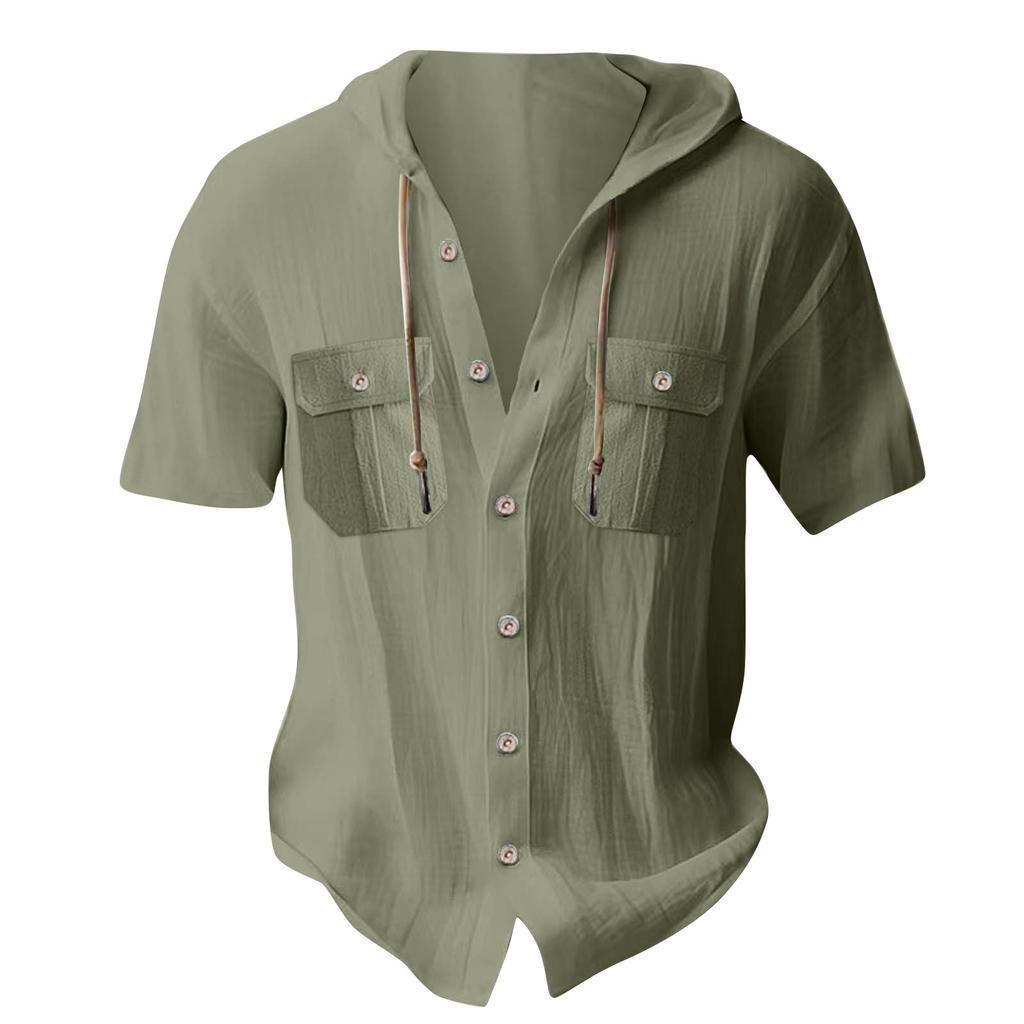 Men's Summer Solid Color Pockets Cotton Linen Short Sleeve Button Hooded